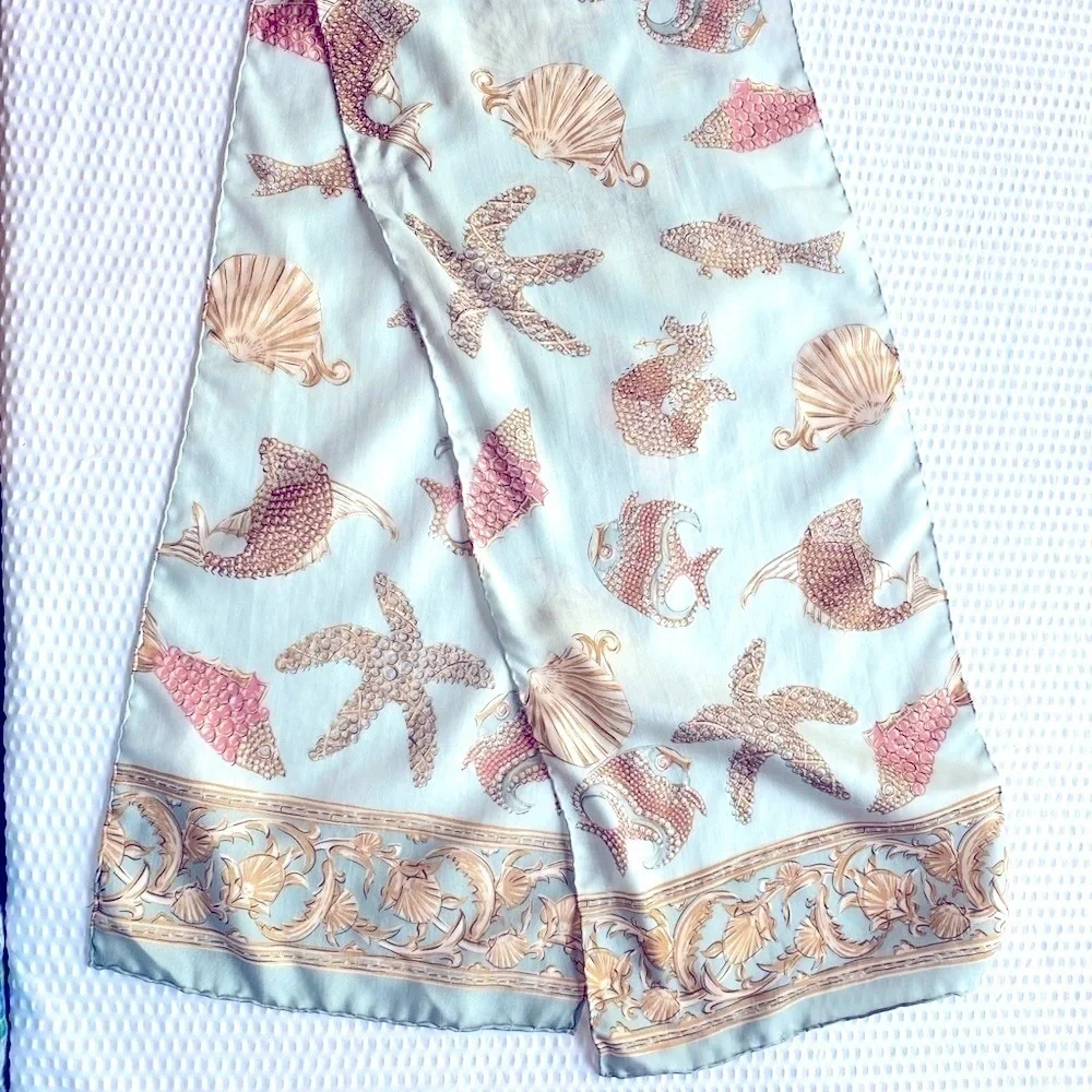 Silk Scarf Oblong Aqua Teal 51 Inches Hand Rolled